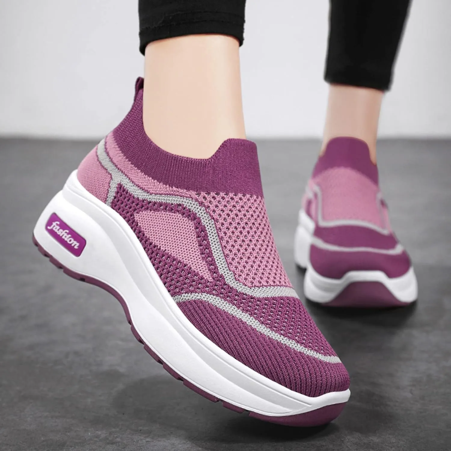 Fashion Spring and Summer Women Sports Shoes Thick Sole Middle Heel Slip Mesh Breathable Colorblock Casual Walling Shoes