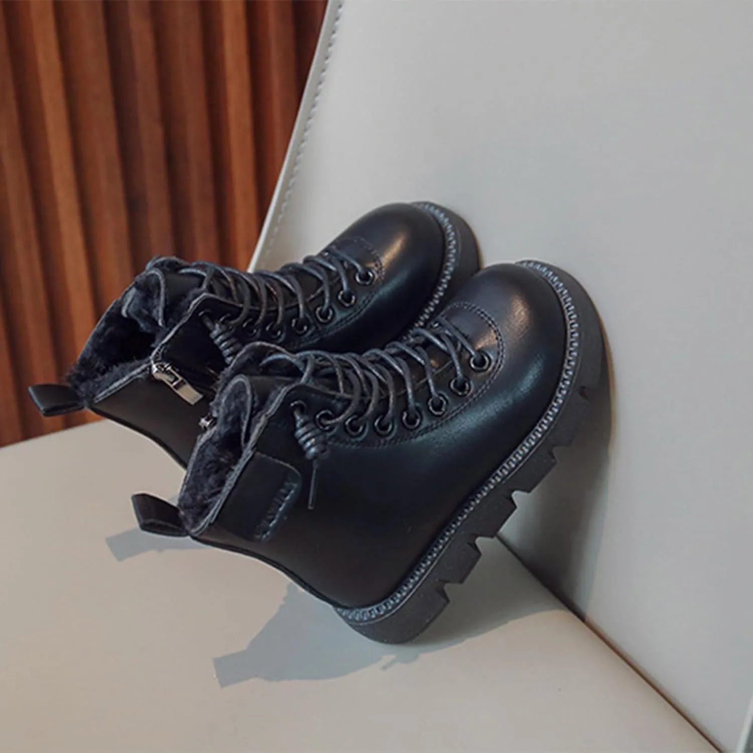 Fashion Winter Children Boots Boys Girls Ankle Boots Flat Non Slip High Top Lace Up Plush Warm Comfortable Booties (Black, 4-4.5 Years Toddler)