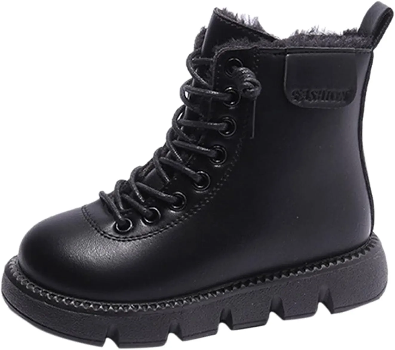 Fashion Winter Children Boots Boys Girls Ankle Boots Flat Non Slip High Top Lace Up Plush Warm Comfortable Booties (Black, 4-4.5 Years Toddler)