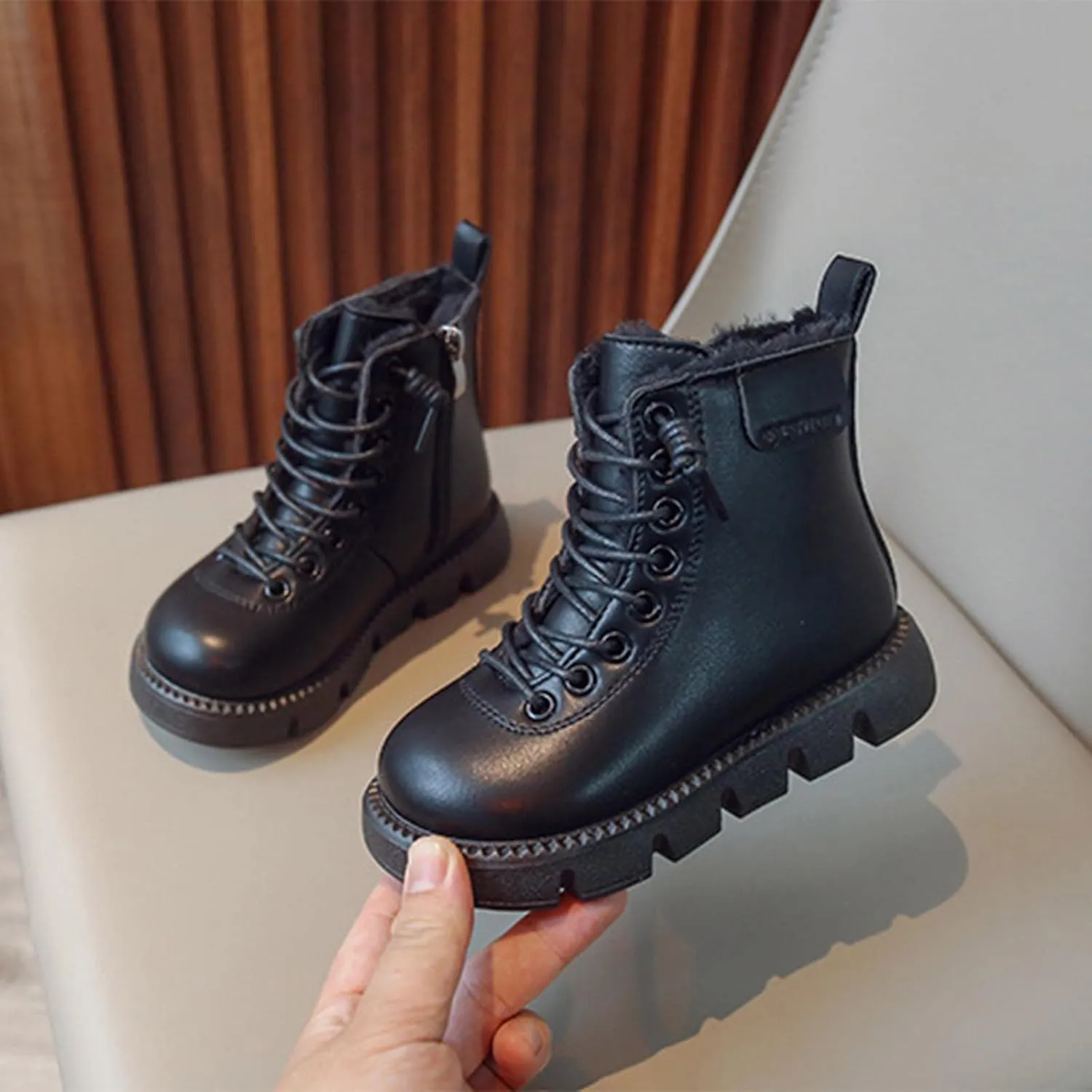 Fashion Winter Children Boots Boys Girls Ankle Boots Flat Non Slip High Top Lace Up Plush Warm Comfortable Booties (Black, 4-4.5 Years Toddler)