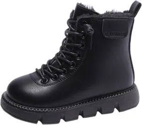 Fashion Winter Children Boots Boys Girls Ankle Boots Flat Non Slip High Top Lace Up Plush Warm Comfortable Booties (Black, 4-4.5 Years Toddler)