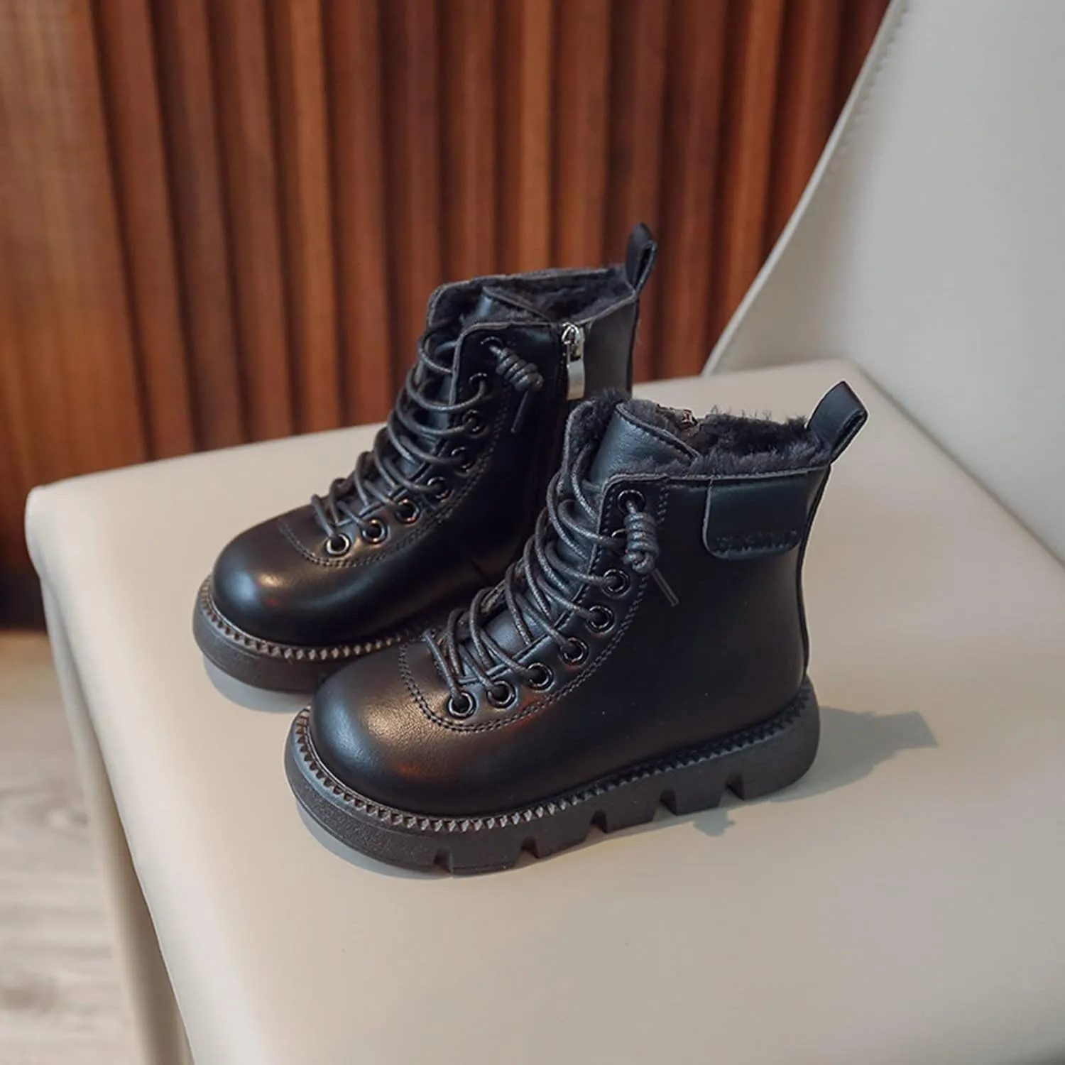 Fashion Winter Children Boots Boys Girls Ankle Boots Flat Non Slip High Top Lace Up Plush Warm Comfortable Booties (Black, 4-4.5 Years Toddler)