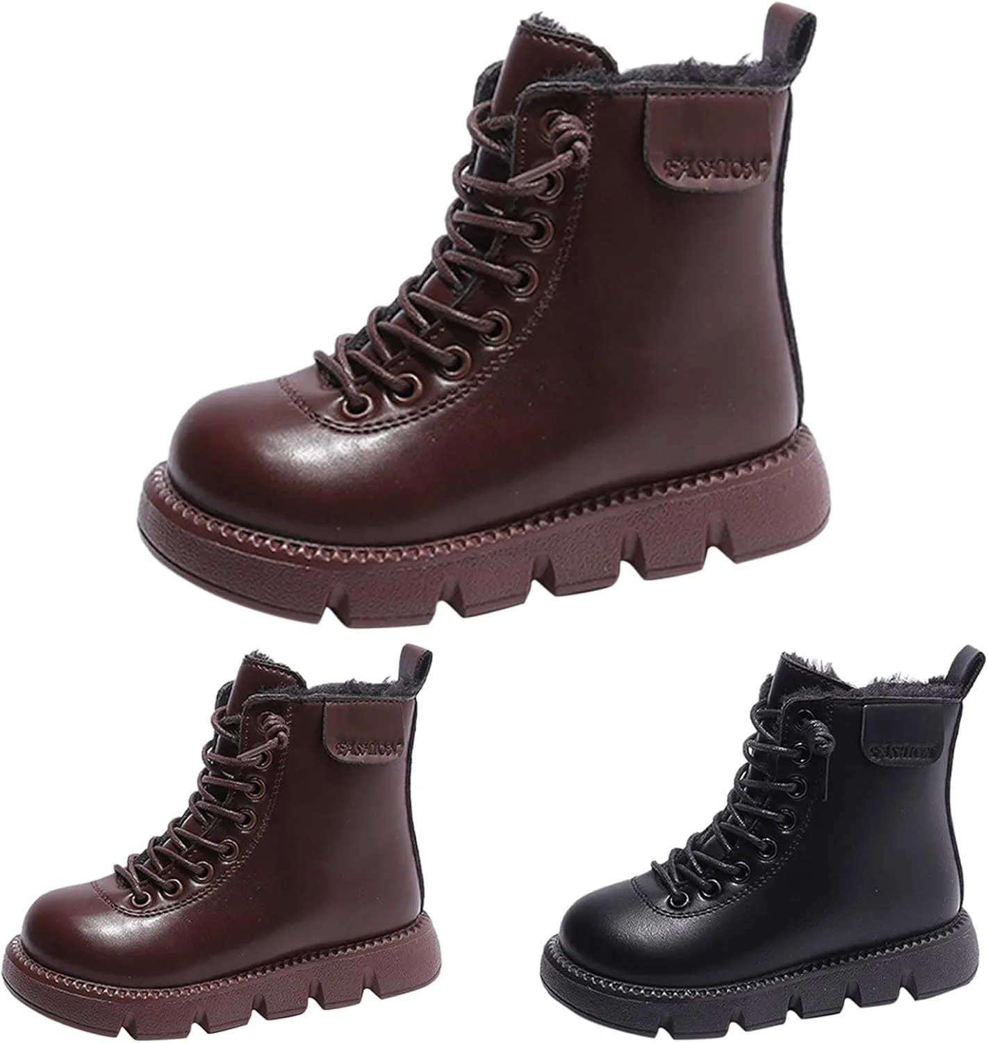 Fashion Winter Children Boots Boys Girls Ankle Boots Flat Non Slip High Top Lace Up Plush Warm Comfortable Booties (Black, 4-4.5 Years Toddler)