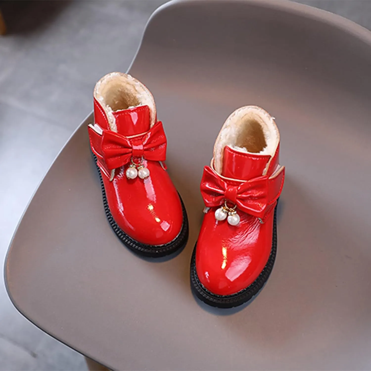 Fashion Winter Girls Snow Boots Plush Lined Warm Ankle Boots Slip On Waterproof Outdoor Booties Comfortable Shoes (Red, 5-5.5 Years)