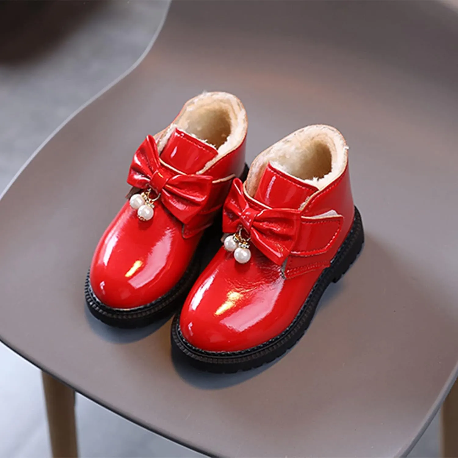 Fashion Winter Girls Snow Boots Plush Lined Warm Ankle Boots Slip On Waterproof Outdoor Booties Comfortable Shoes (Red, 5-5.5 Years)