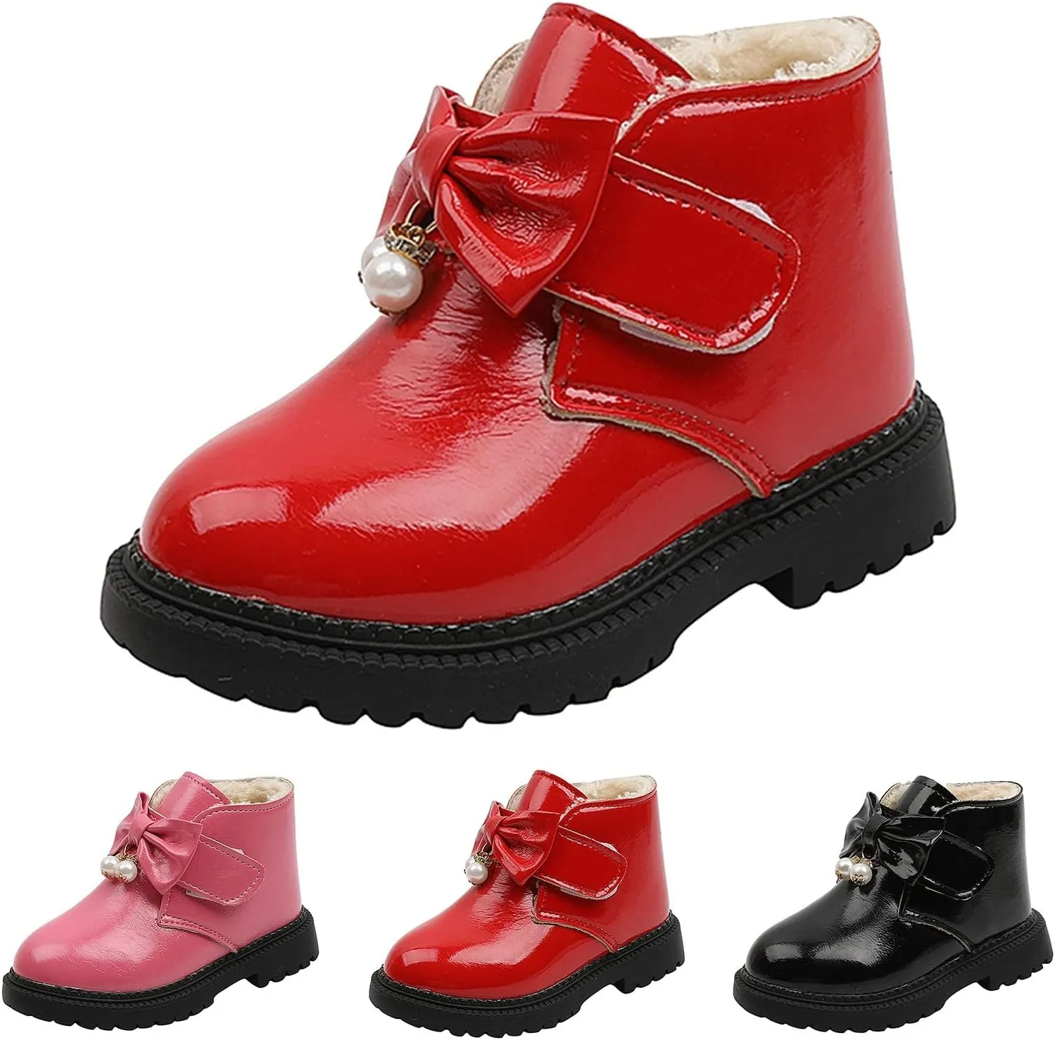 Fashion Winter Girls Snow Boots Plush Lined Warm Ankle Boots Slip On Waterproof Outdoor Booties Comfortable Shoes (Red, 5-5.5 Years)