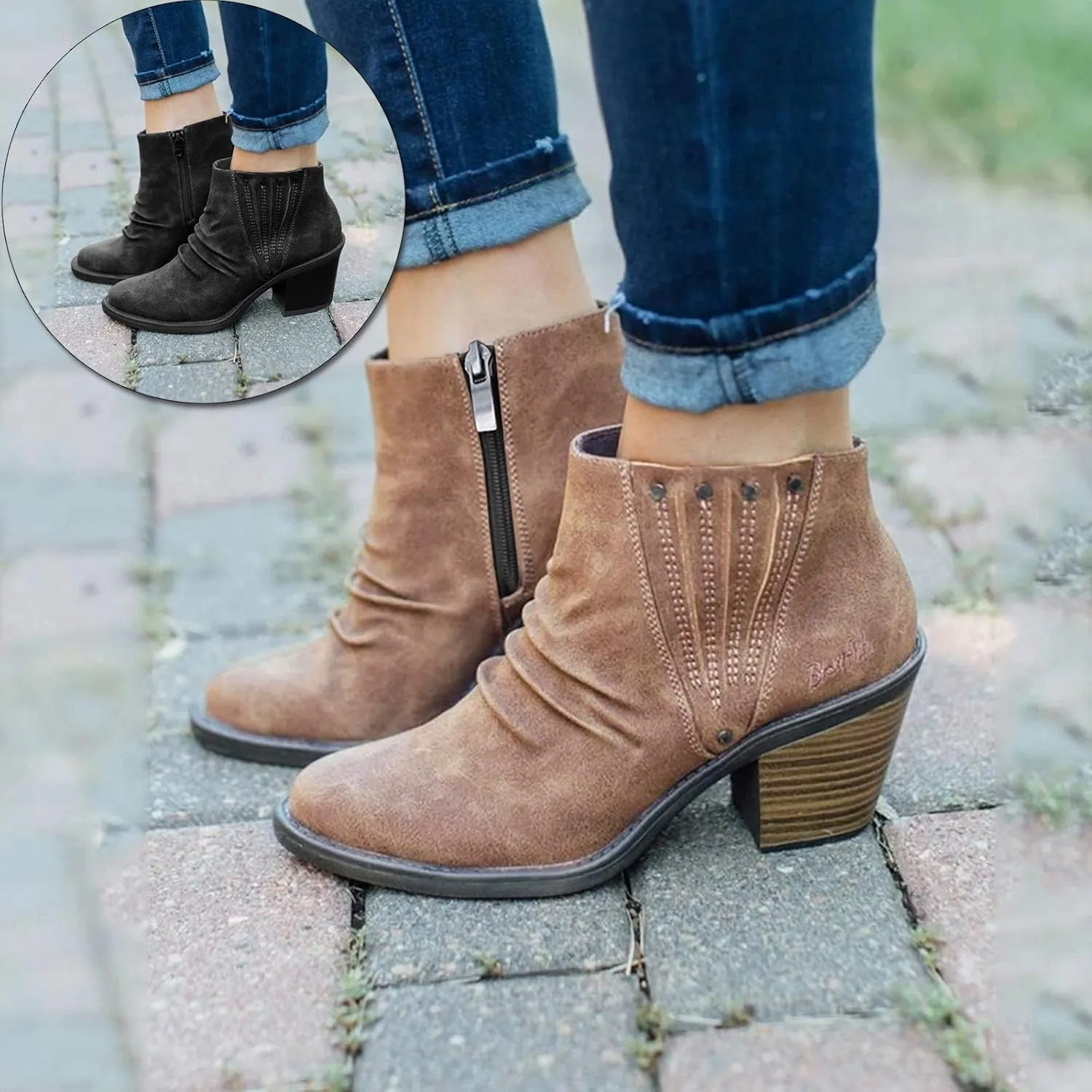 Gibobby Ankle Booties for Women Low Heel Dressy Fashion Pointed Toe Faux Stacked Chunky Heels Side Zipper Booties Shoes