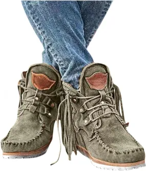 Gibobby Ankle Booties for Women Low Heel,Womens Ankle Boots Pointed Toe Faux Stacked Chunky Heels Tassels Side Zipper Booties
