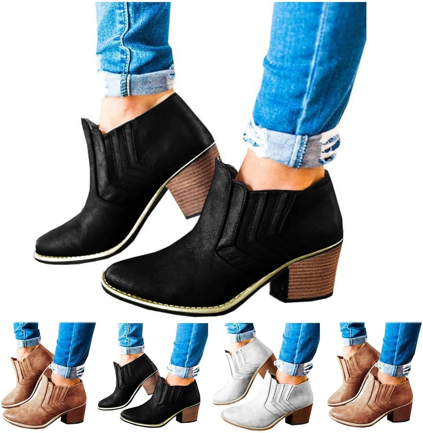 Gibobby Ankle Booties for Women with Heel,Ankle Boots Pointed Toe Faux Leather Stacked Low Heel Side Suede Booties