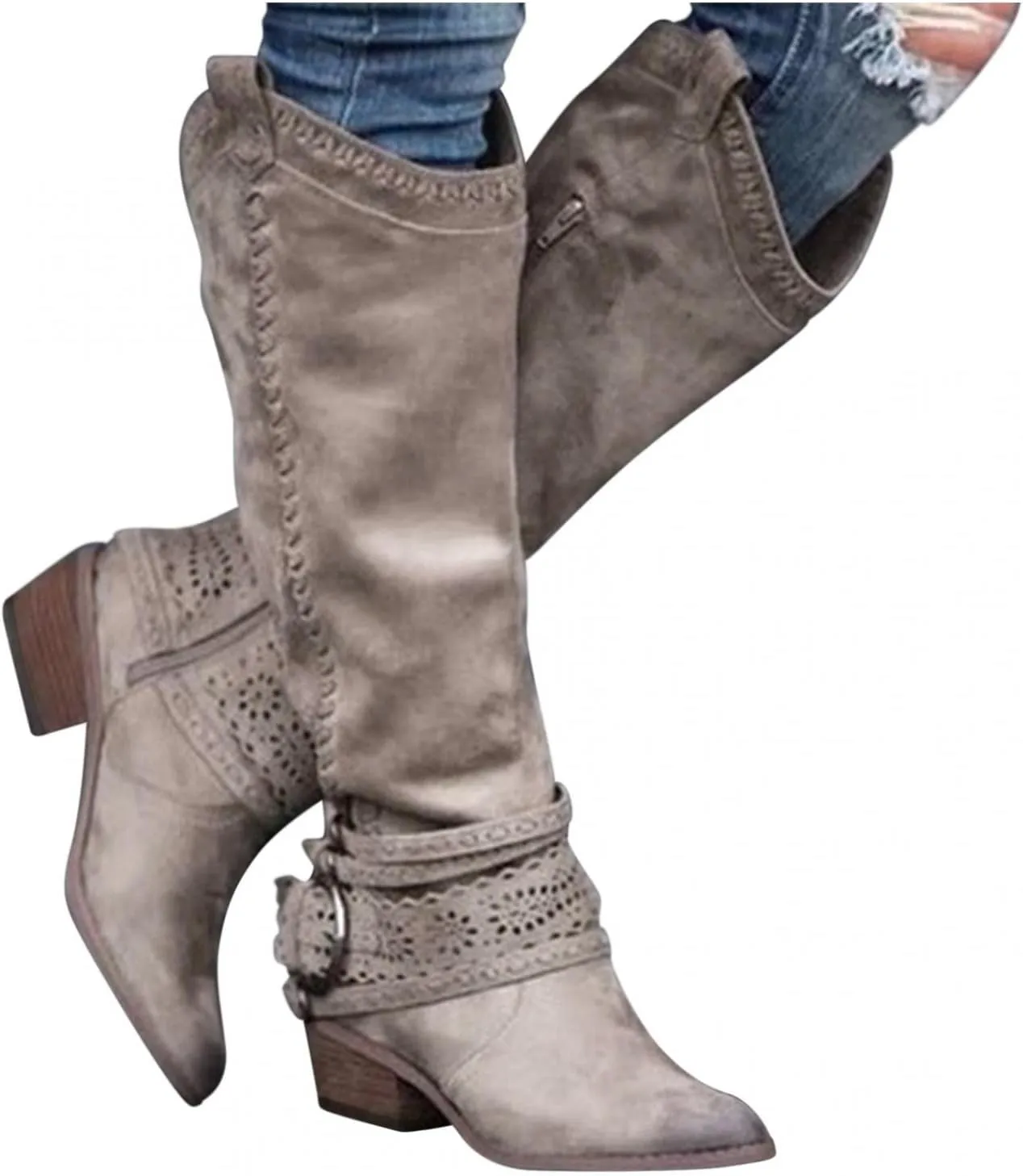 Gibobby Ankle Boots for Women Mid Knee High Boots Chunky Heel Wide Calf Side Zipper Fashion Winter Cowboy Booties