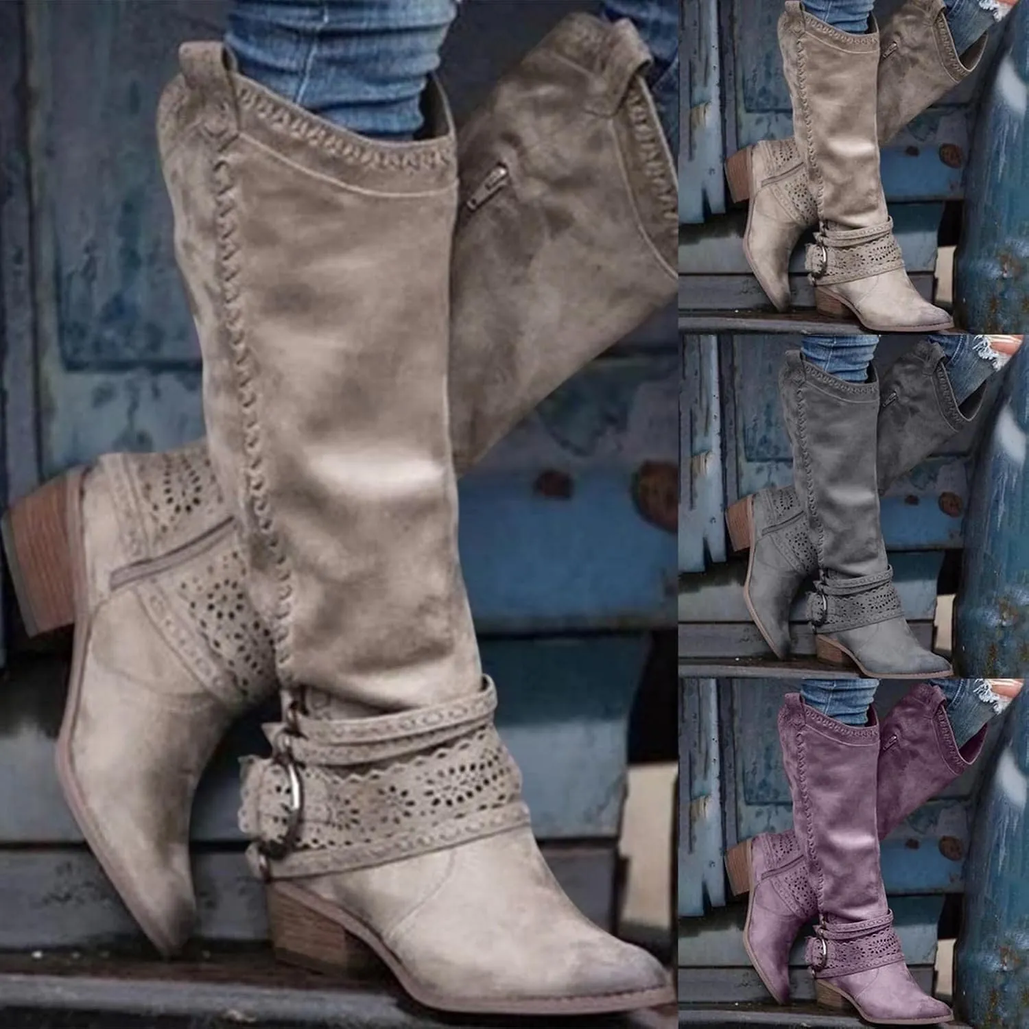 Gibobby Ankle Boots for Women Mid Knee High Boots Chunky Heel Wide Calf Side Zipper Fashion Winter Cowboy Booties