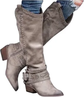 Gibobby Ankle Boots for Women Mid Knee High Boots Chunky Heel Wide Calf Side Zipper Fashion Winter Cowboy Booties