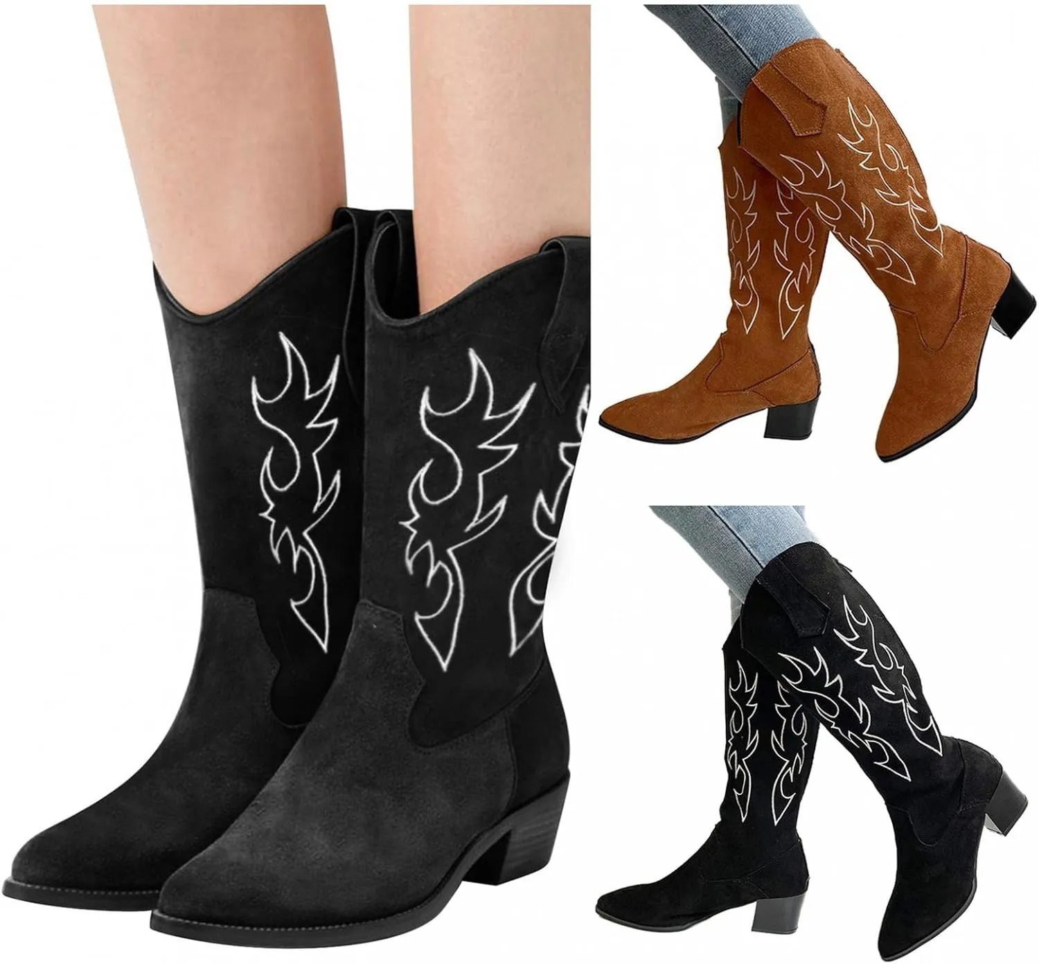 Gibobby Ankle Boots for Women Western Cowgirl Boots with Chunky Heel Ladies Snip Toe Mid-Calf Boots