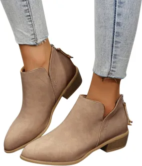 Gibobby Booties for Women Low Heel Retro V-Cut Short Warm Boots Closed Toe Low Heel Combat Western Shoes