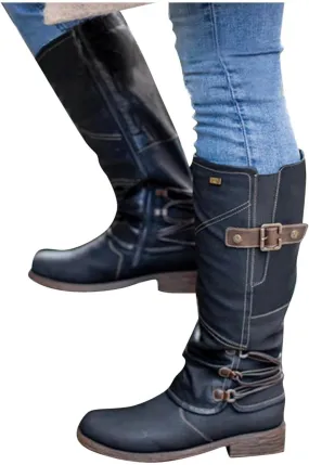 Gibobby Boots for Women Wide Calf,Retro Boots Comfy Flat Bottom Increased Combat Booties Outdoor Fringe Western Shoes