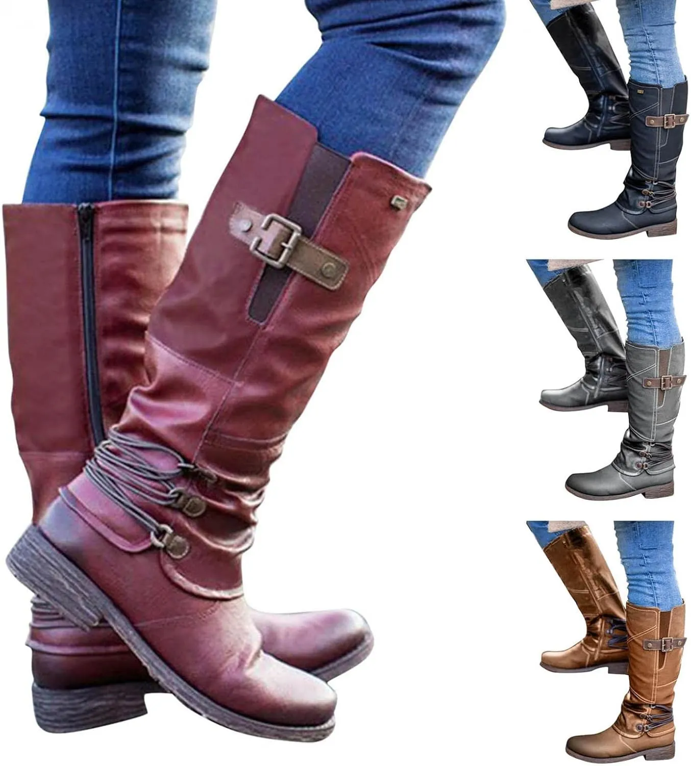 Gibobby Boots for Women Wide Calf,Retro Boots Comfy Flat Bottom Increased Combat Booties Outdoor Fringe Western Shoes