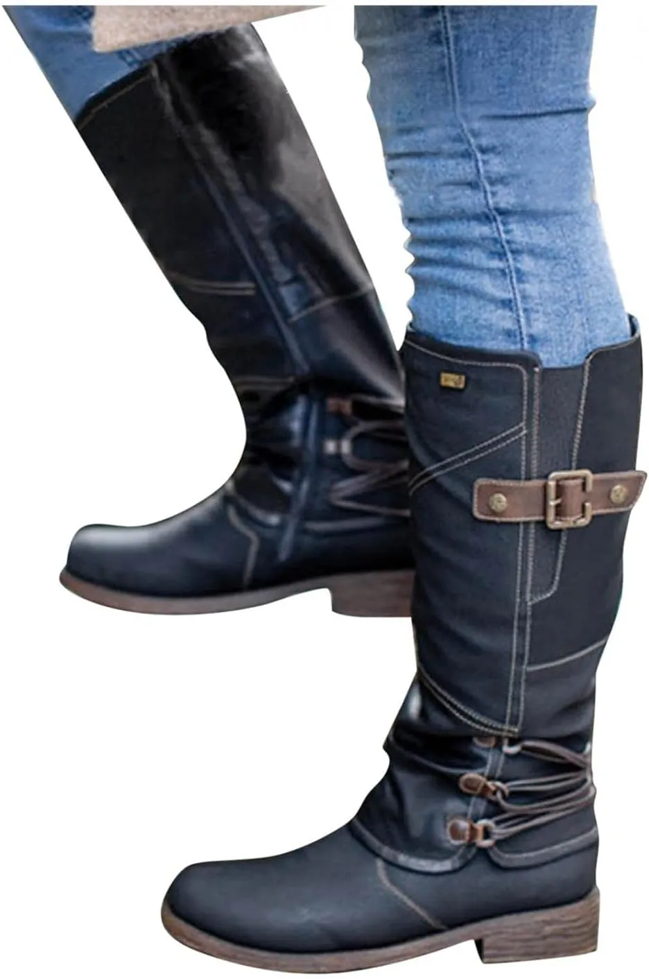 Gibobby Boots for Women Wide Calf,Retro Boots Comfy Flat Bottom Increased Combat Booties Outdoor Fringe Western Shoes