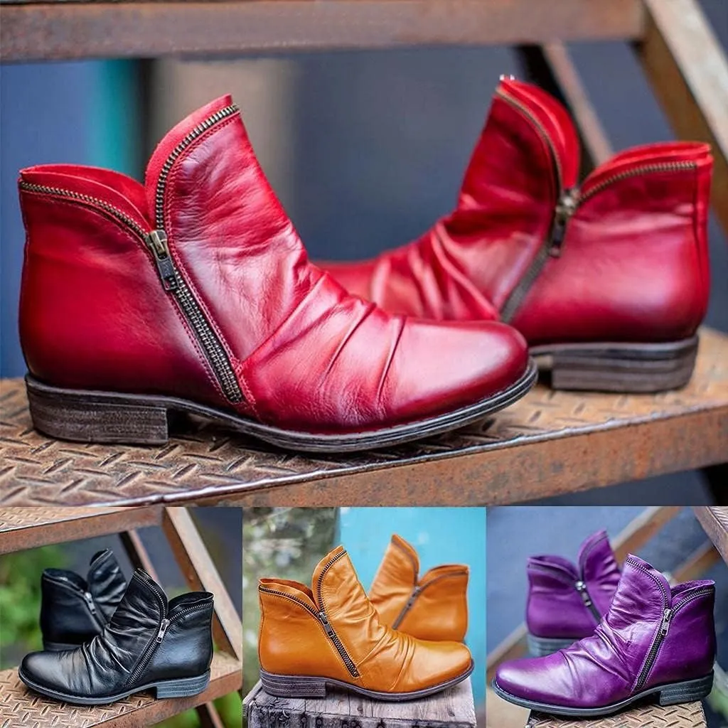 Gibobby Boots for Womens Low Heel Booties Pointed Toe Stacked Mid Heel Ankle Boots V Cut Back Zipper Booties