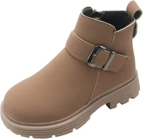 Girls Ankle Boots, Girls Scrub Boots Shoes Waterproof Leather Short Boots Non Slip Breathable Zipper Snow Boots (Khaki, 11-11.5 Years)