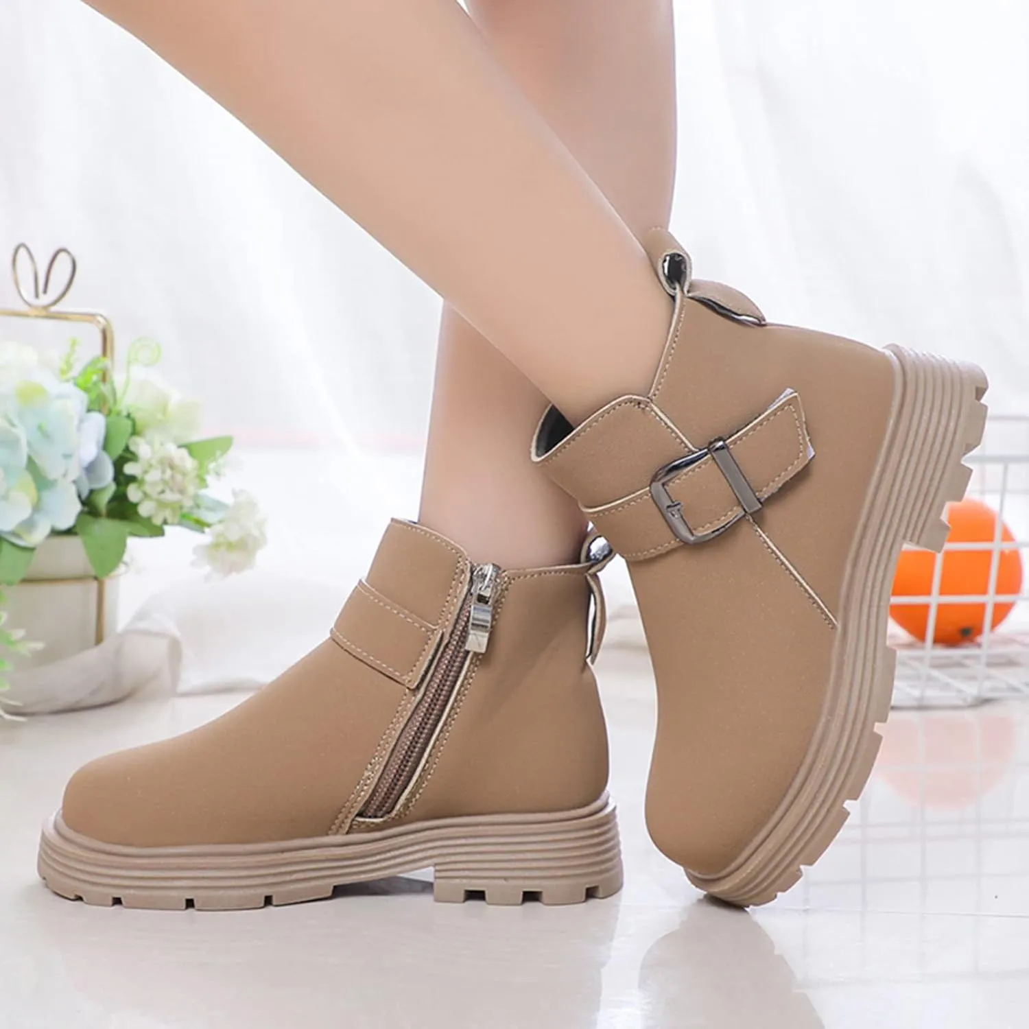 Girls Ankle Boots, Girls Scrub Boots Shoes Waterproof Leather Short Boots Non Slip Breathable Zipper Snow Boots (Khaki, 11-11.5 Years)