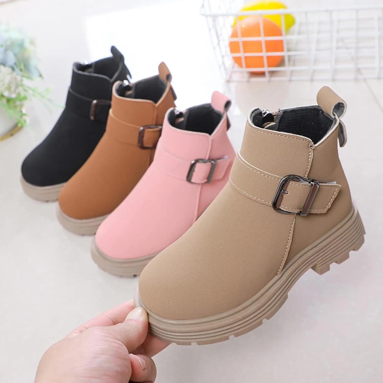 Girls Ankle Boots, Girls Scrub Boots Shoes Waterproof Leather Short Boots Non Slip Breathable Zipper Snow Boots (Khaki, 11-11.5 Years)