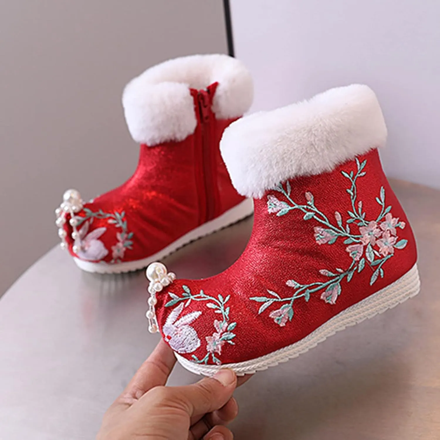 Girls Ankle Pearl Boots Warm Cotton Boots Embroidered Boots National Boots Princess Cotton Boots Toddler Boots