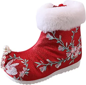 Girls Ankle Pearl Boots Warm Cotton Boots Embroidered Boots National Boots Princess Cotton Boots Toddler Boots