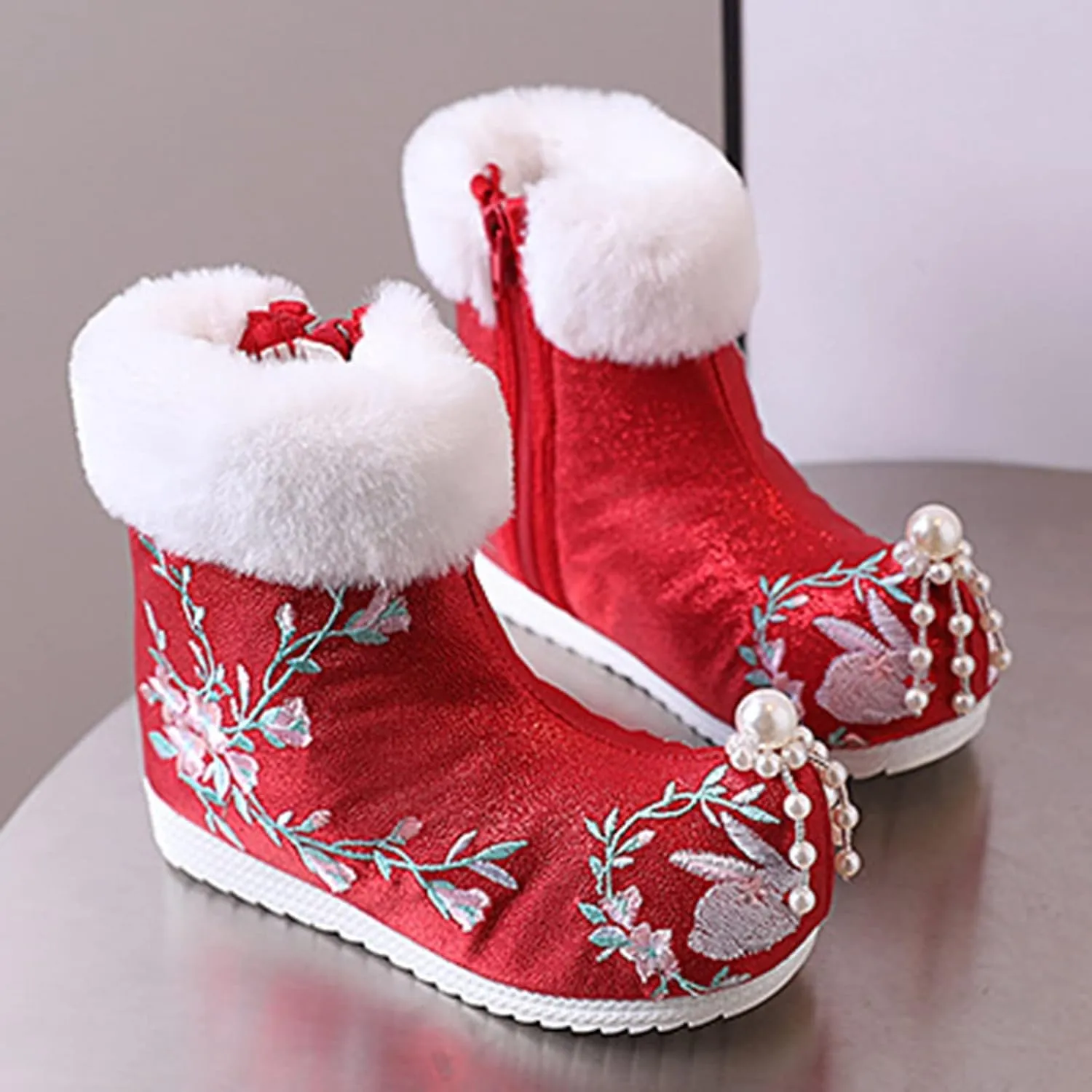 Girls Ankle Pearl Boots Warm Cotton Boots Embroidered Boots National Boots Princess Cotton Boots Toddler Boots