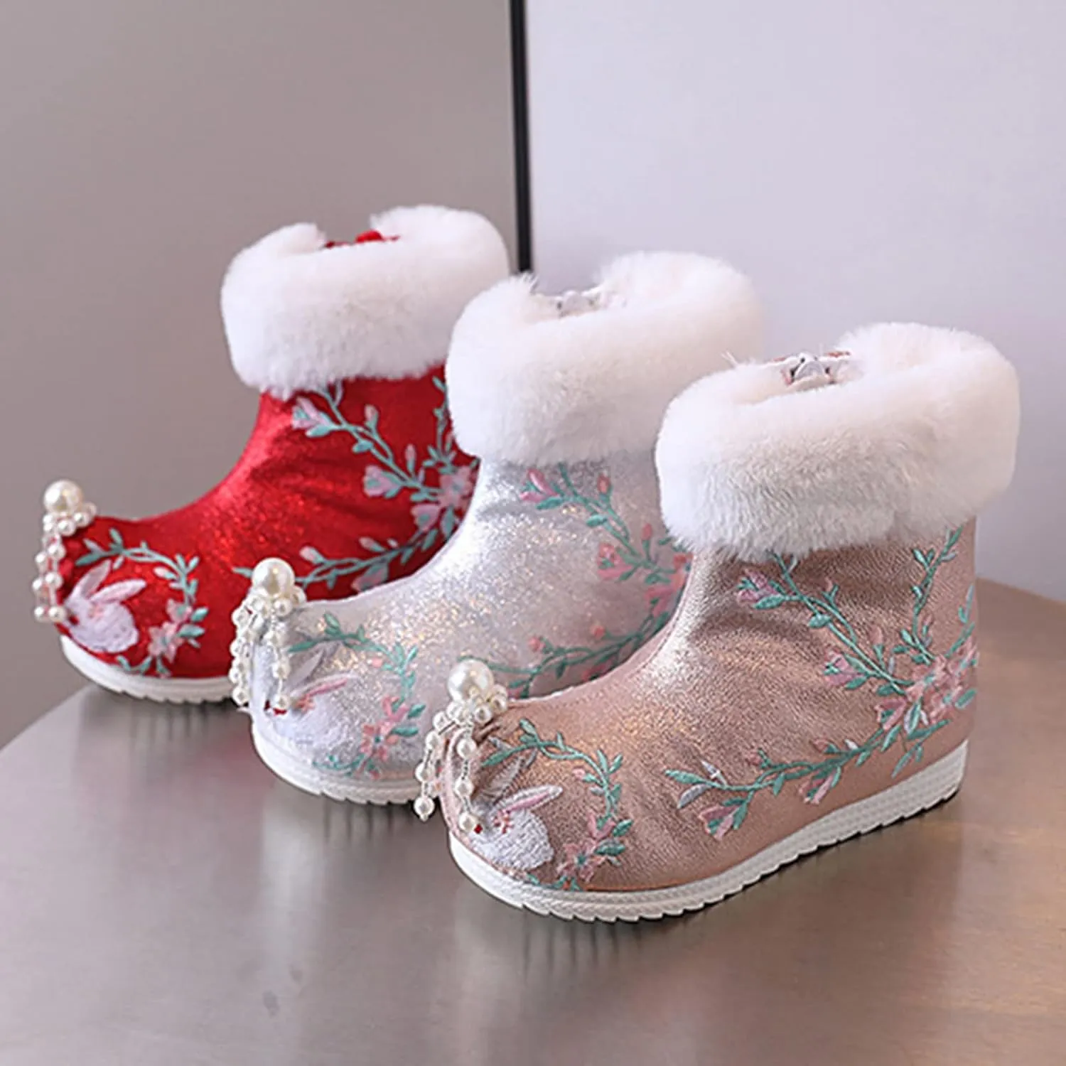 Girls Ankle Pearl Boots Warm Cotton Boots Embroidered Boots National Boots Princess Cotton Boots Toddler Boots