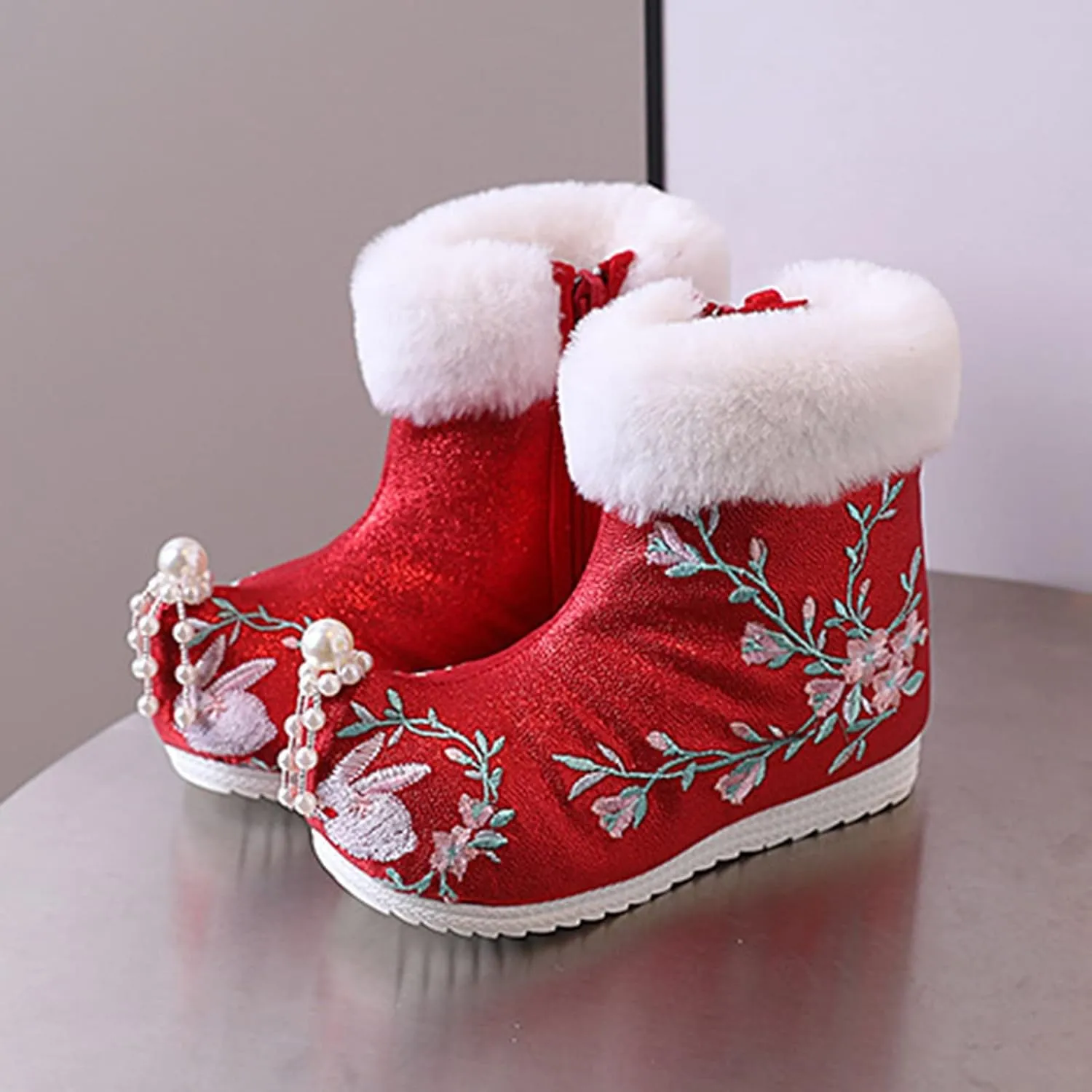 Girls Ankle Pearl Boots Warm Cotton Boots Embroidered Boots National Boots Princess Cotton Boots Toddler Boots
