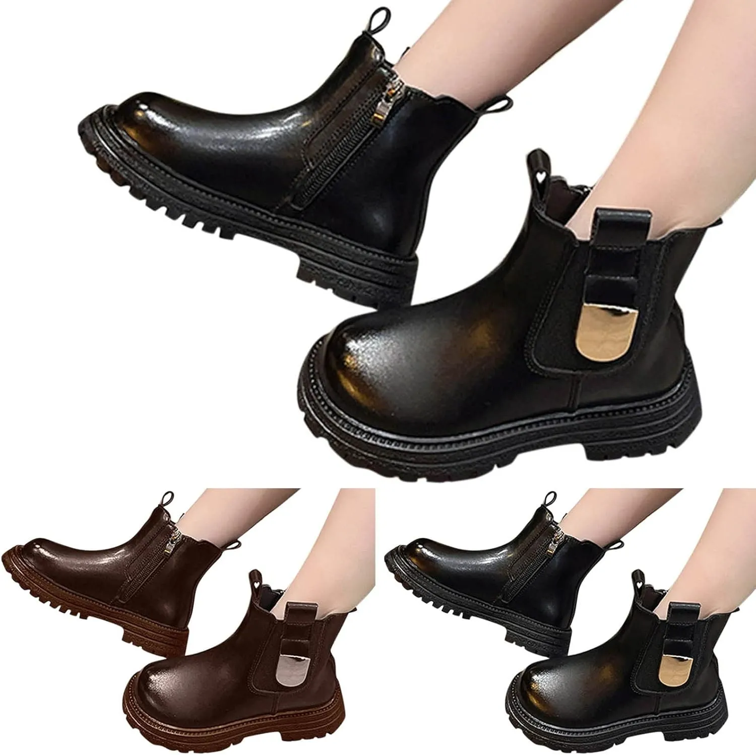 Girls Anti-Slip Ankle Boots Water Proof Autumn Winter PU Leather Thick Bottom Pull On Riding Boots Fashion Shoes