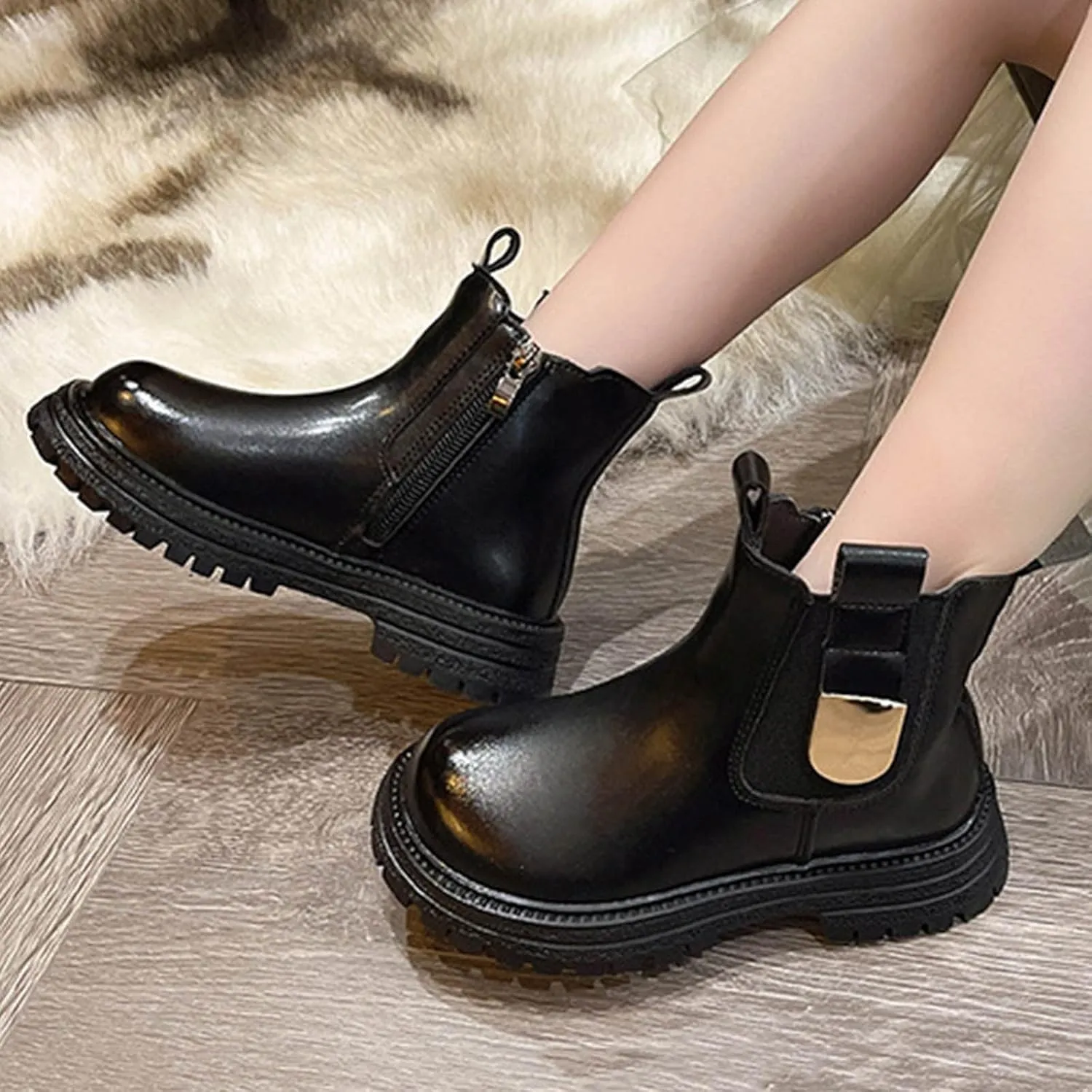 Girls Anti-Slip Ankle Boots Water Proof Autumn Winter PU Leather Thick Bottom Pull On Riding Boots Fashion Shoes