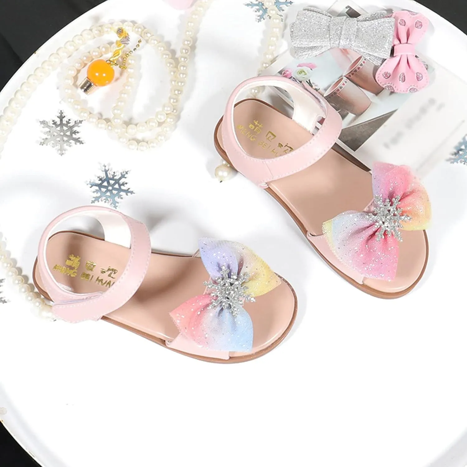 Girls Bow Flat Sandals Open Toe Rubber Sole Summer Casual Dress Shoes Baby Kids Soft Fashion Princess Sequins Loafers