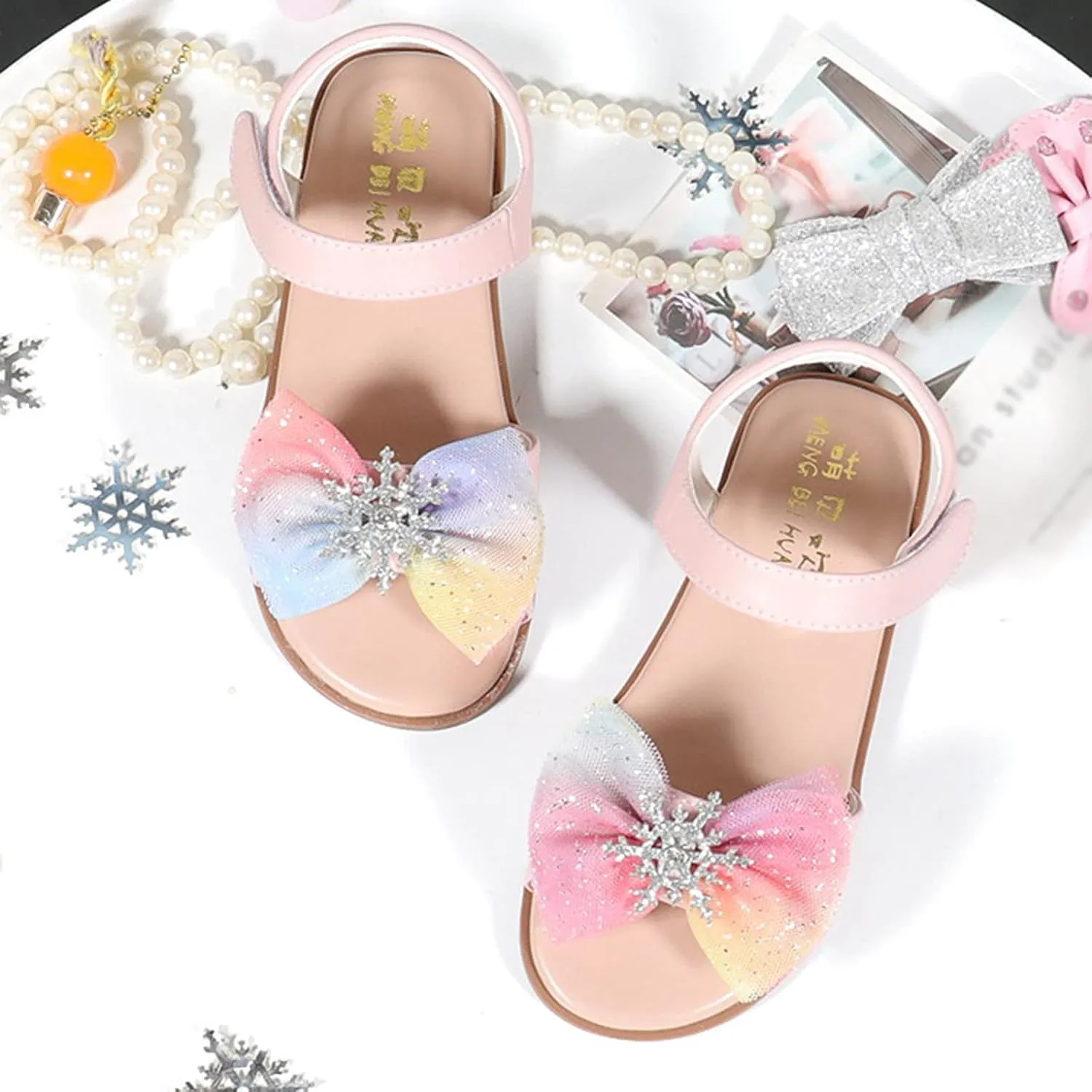 Girls Bow Flat Sandals Open Toe Rubber Sole Summer Casual Dress Shoes Baby Kids Soft Fashion Princess Sequins Loafers