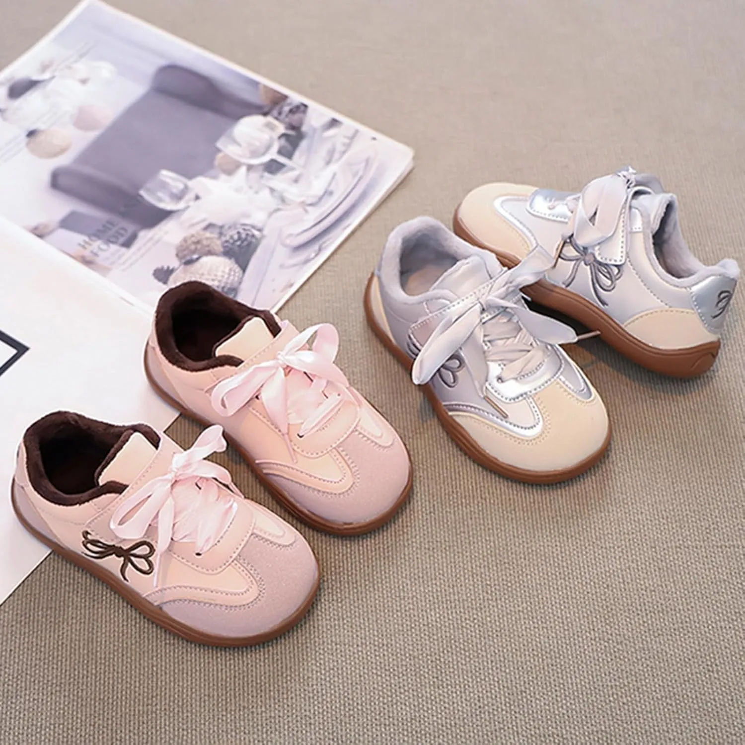 Girls Bowknot Plush Thicken Platform Sneakers Comfortable Casual Fashion Classic Soccer Tennis Walking Shoes
