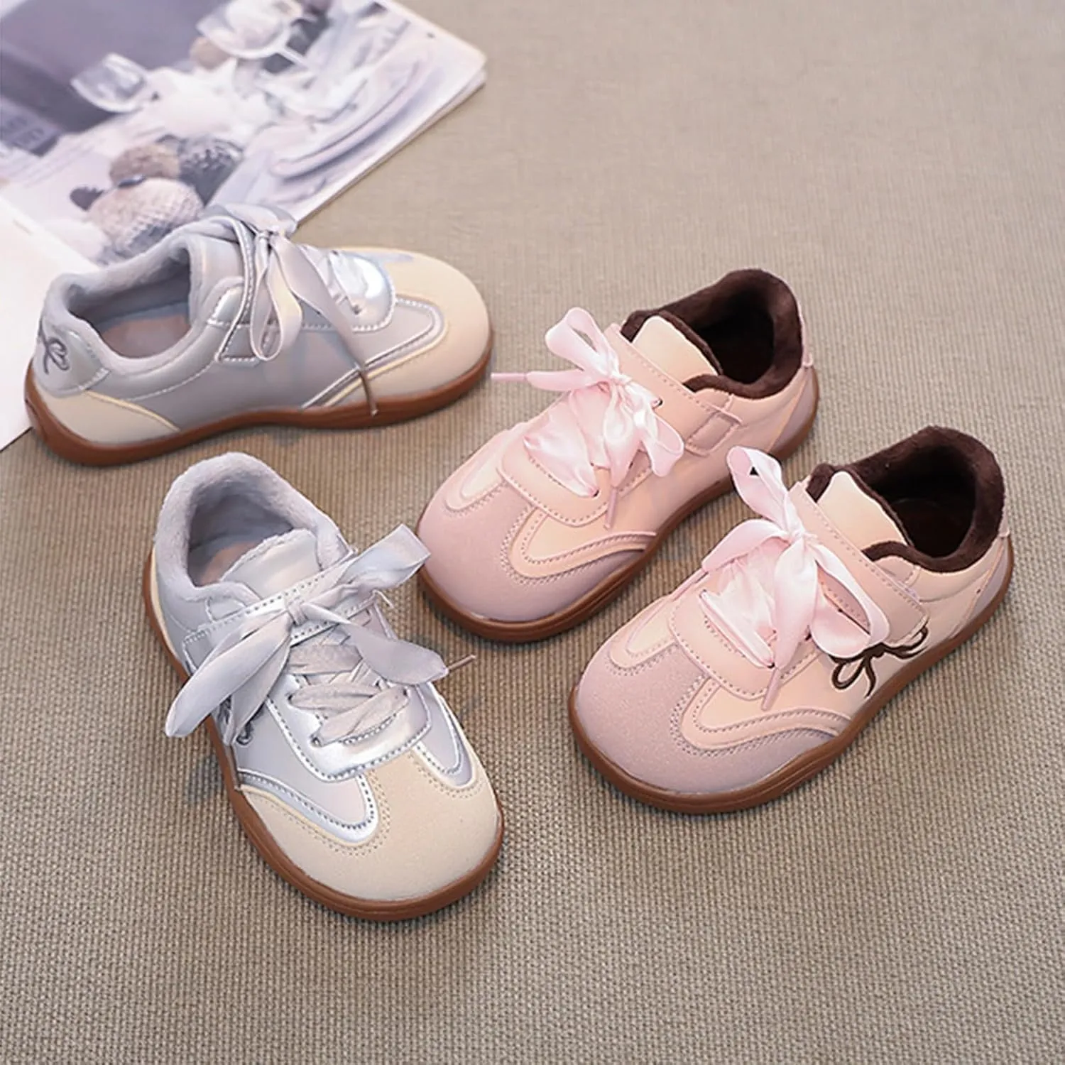 Girls Bowknot Plush Thicken Platform Sneakers Comfortable Casual Fashion Classic Soccer Tennis Walking Shoes