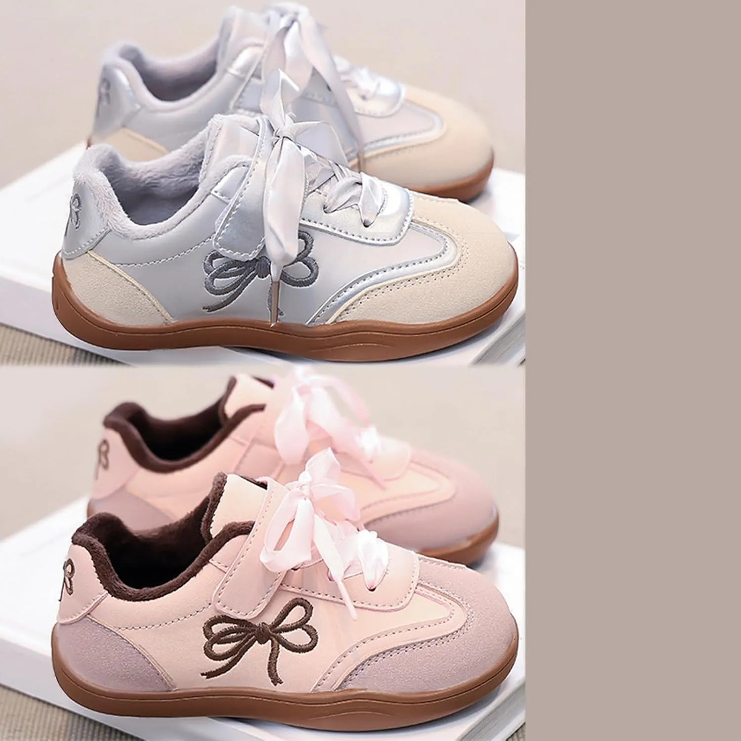 Girls Bowknot Plush Thicken Platform Sneakers Comfortable Casual Fashion Classic Soccer Tennis Walking Shoes