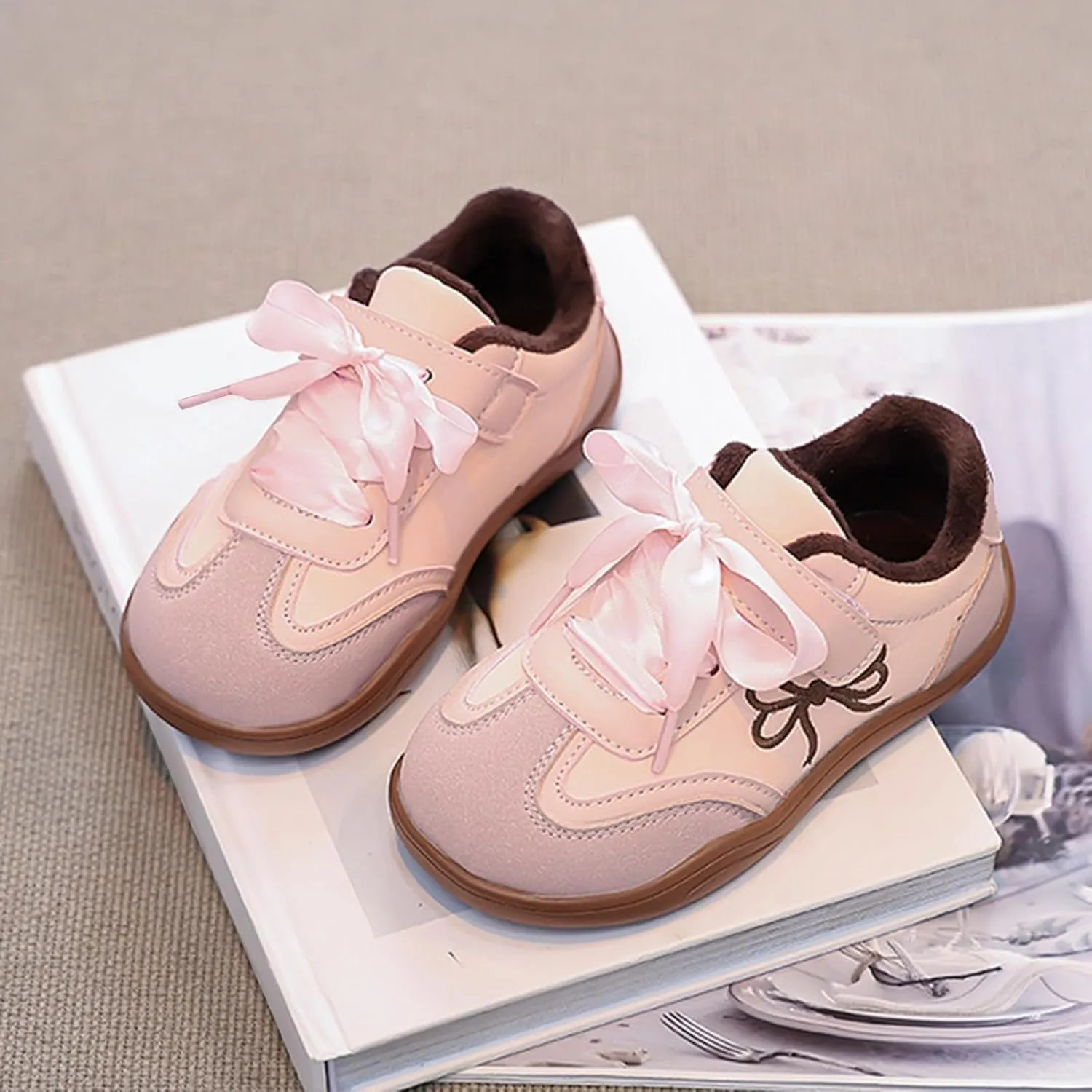 Girls Bowknot Plush Thicken Platform Sneakers Comfortable Casual Fashion Classic Soccer Tennis Walking Shoes