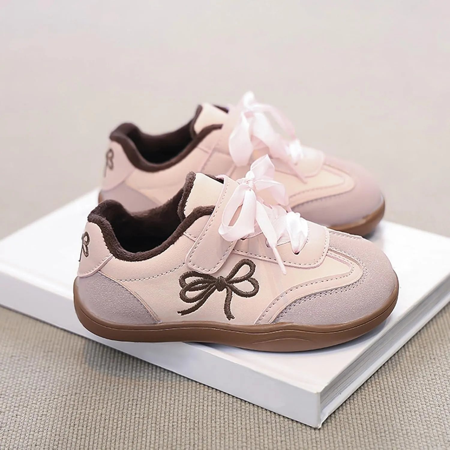 Girls Bowknot Plush Thicken Platform Sneakers Comfortable Casual Fashion Classic Soccer Tennis Walking Shoes
