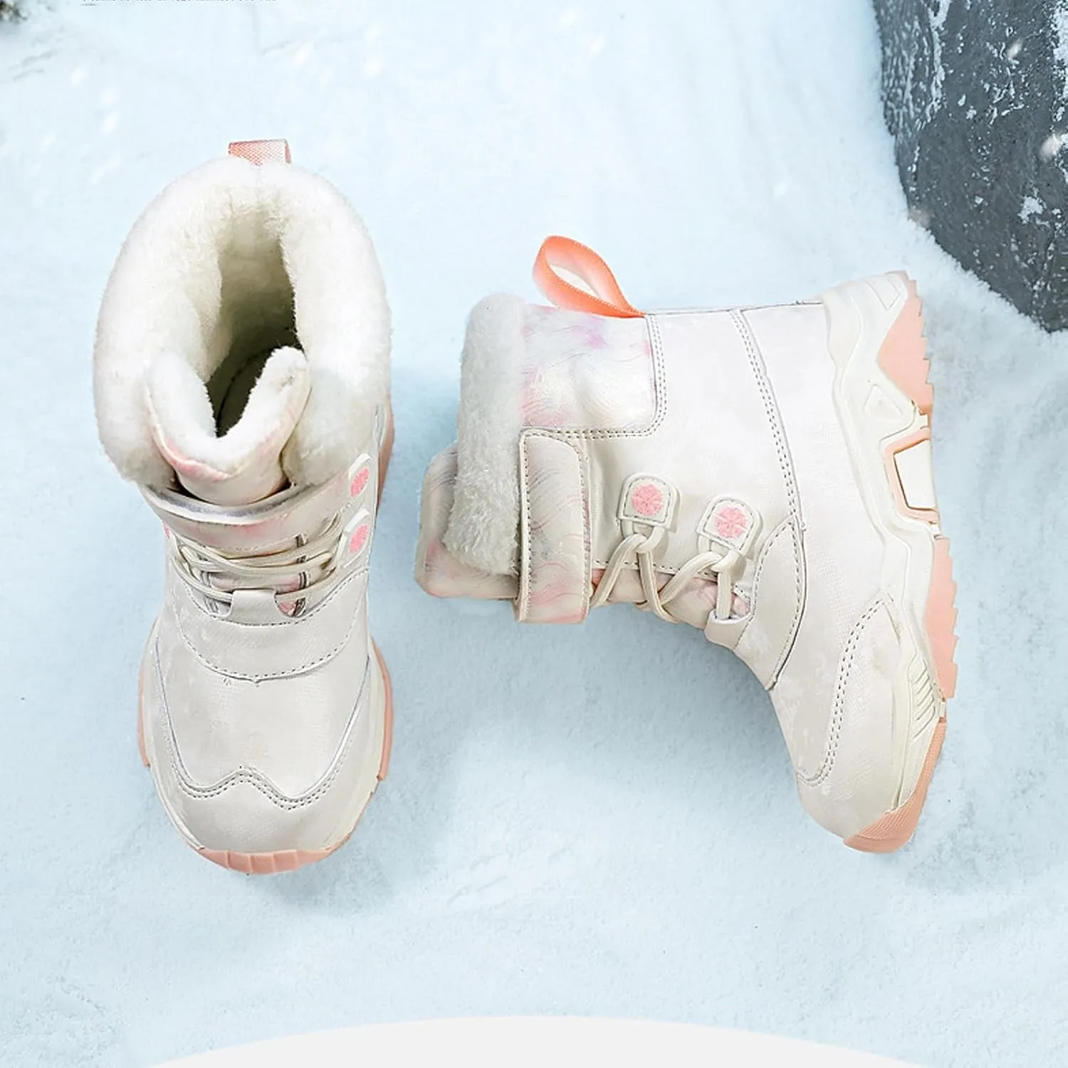 Girls Boys Snow Boots Wterproof Outdoor Warm Cozy Anti-Slip Mid Calf Faux Fur Liing Shoes for Little/Big Kids