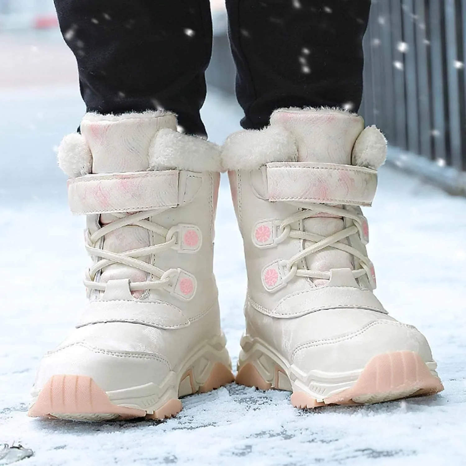 Girls Boys Snow Boots Wterproof Outdoor Warm Cozy Anti-Slip Mid Calf Faux Fur Liing Shoes for Little/Big Kids