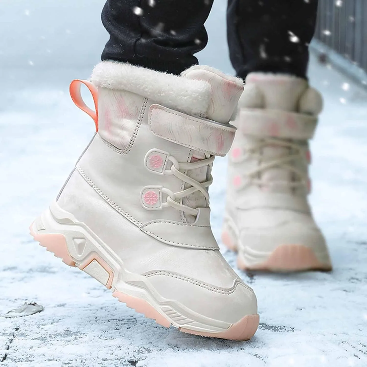 Girls Boys Snow Boots Wterproof Outdoor Warm Cozy Anti-Slip Mid Calf Faux Fur Liing Shoes for Little/Big Kids
