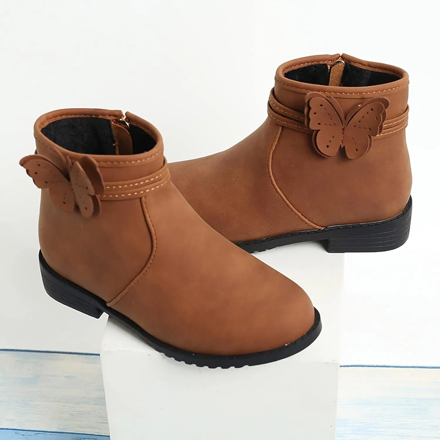 Girls Butterfly Decor Zip Side Boots Western Boots Kids Ankle Boots Girls Low Heel Riding Comfy Kids Flower Boots
