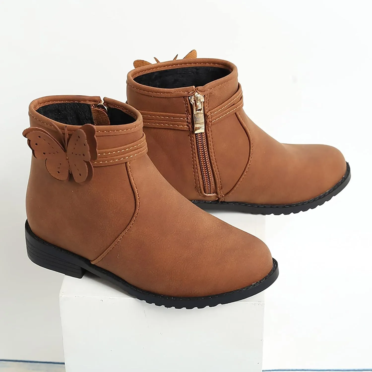 Girls Butterfly Decor Zip Side Boots Western Boots Kids Ankle Boots Girls Low Heel Riding Comfy Kids Flower Boots