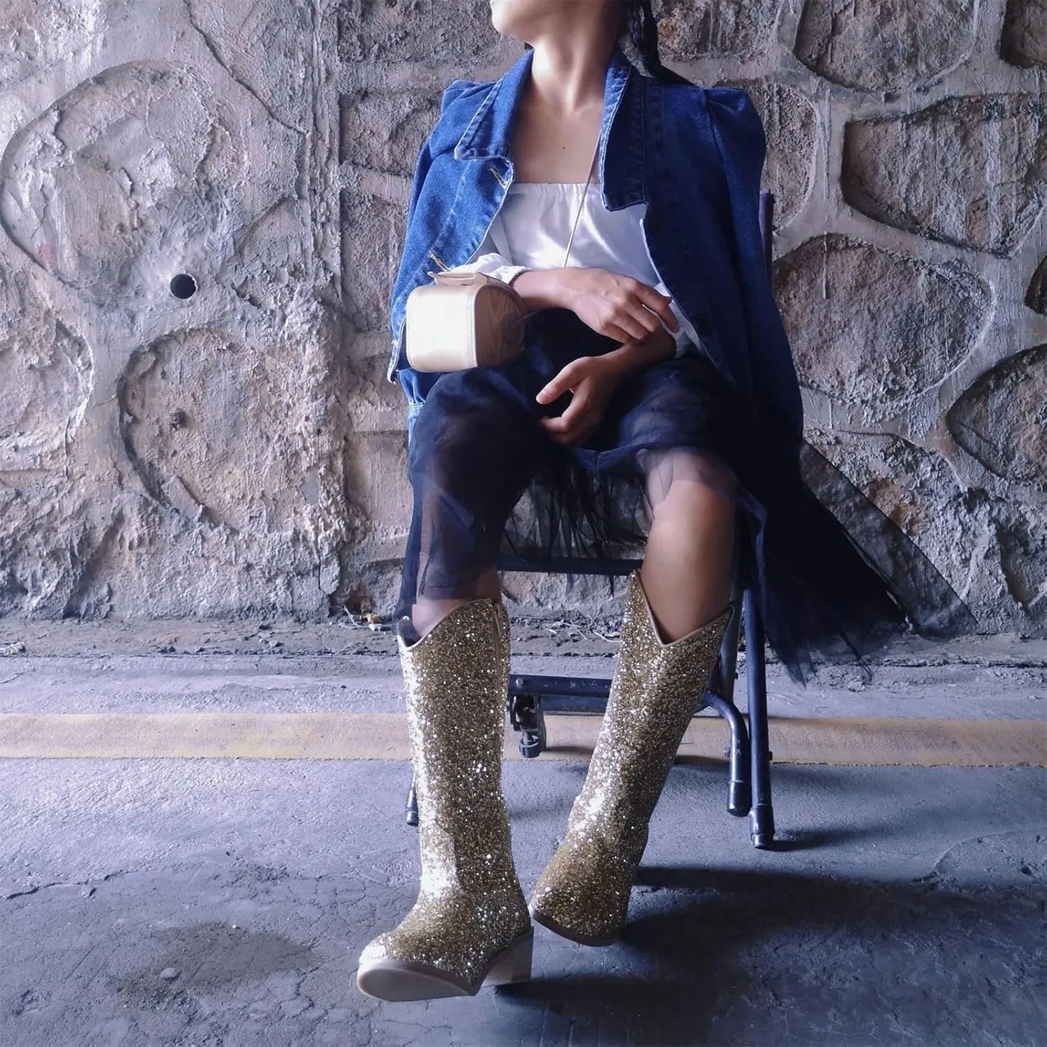 Girls Cowboy Western Boots Knee Length Sequins Fashion Riding Shoes Kids Mid Calf Low Heel Toddler Short Boots for Girls