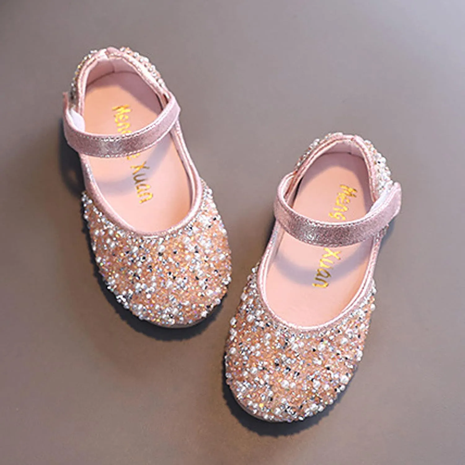Girls Dress Shoes Flat Princess Shoes Rhinestone Sequins Mary Jane Low Heels for Party Wedding Leather Shoes
