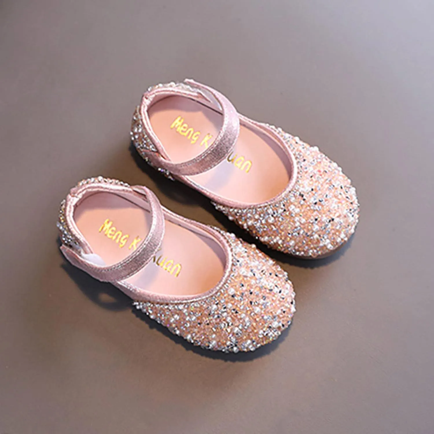 Girls Dress Shoes Flat Princess Shoes Rhinestone Sequins Mary Jane Low Heels for Party Wedding Leather Shoes