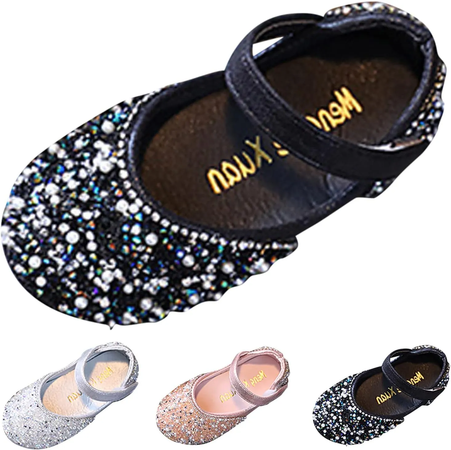 Girls Dress Shoes Flat Princess Shoes Rhinestone Sequins Mary Jane Low Heels for Party Wedding Leather Shoes