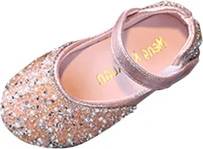 Girls Dress Shoes Flat Princess Shoes Rhinestone Sequins Mary Jane Low Heels for Party Wedding Leather Shoes