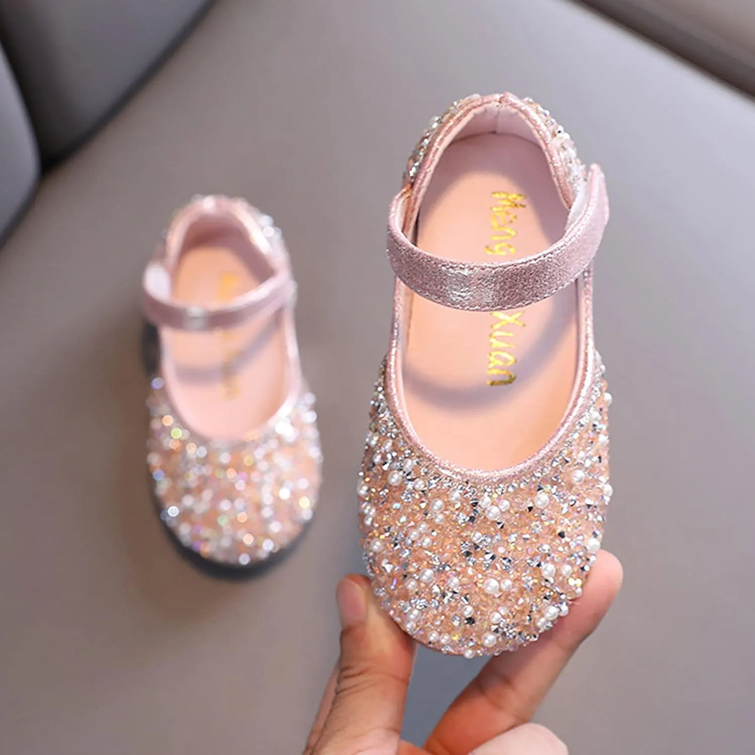 Girls Dress Shoes Flat Princess Shoes Rhinestone Sequins Mary Jane Low Heels for Party Wedding Leather Shoes